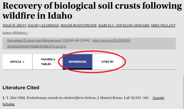 A screenshot of an article page on BioOne with the "Cited By" and "References" tabs circled in red.