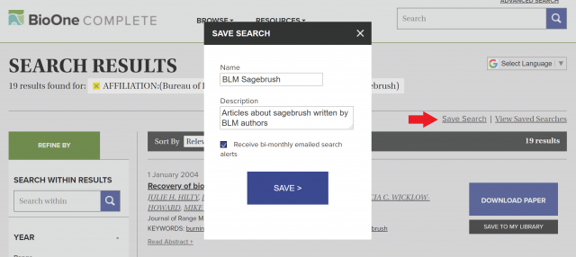 A screenshot of the BioOne "Save Search" option.