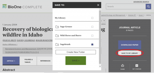 A screenshot showing BioOne's "Save Article to Folder" option
