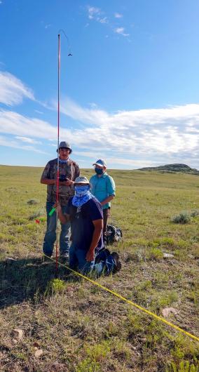 Botany technician and Kainai First Nations member, Monroe Fox (back right), working with the male fellows to measure vegetation height for one of the data sets collected on an AIM plot. 