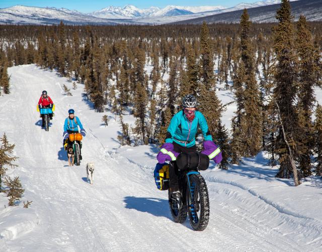 cyclists riding in snow