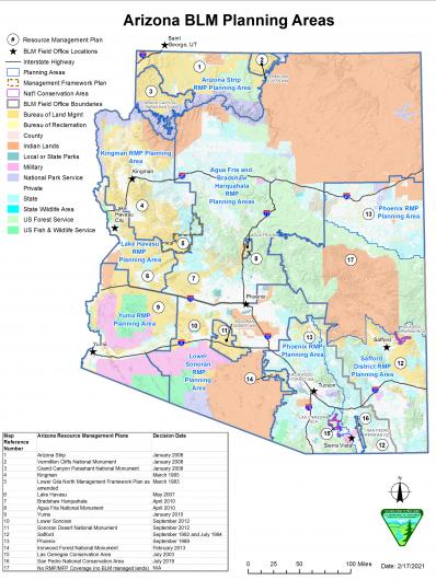 a map shows BLM planning areas in Arizona. If you have questions about this map, you can contact the Arizona State Office at 602-417-9200.