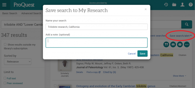 Screenshot with the "save search" option highlighted on the left side of the screen