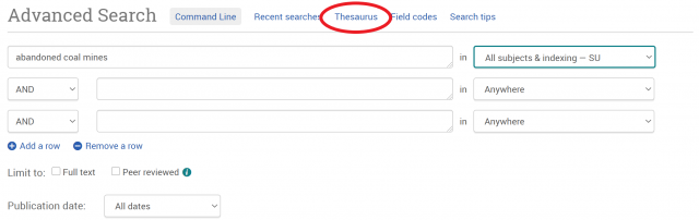 Screenshot showing GeoRef thesaurus link located above the advanced search bar