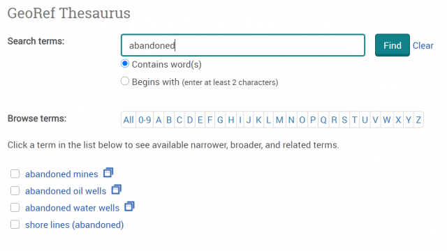 Screenshot of the GeoRef thesaurus showing subject heading options for "abandoned mine"