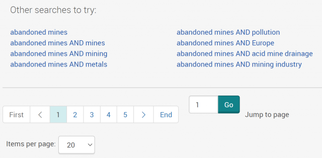 Screenshot of suggested searches related to the "abandoned mines" subject heading