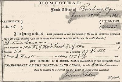 Letitia Carson's homestead certificate