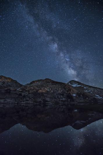 Starry night over mountains and water