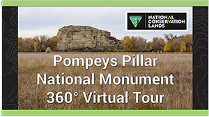 Pompeys Pillar rock formation in the background. Fall colors on trees and ground. Pompeys Pillar National Monument 360 virtual tour in white lettering.
