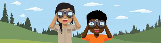 BLM female staff and boy look through binoculars at birds