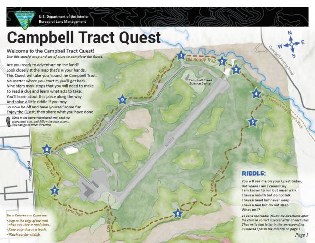 Campbell Tract Quest first page showing map of Campbell Tract and clue locations