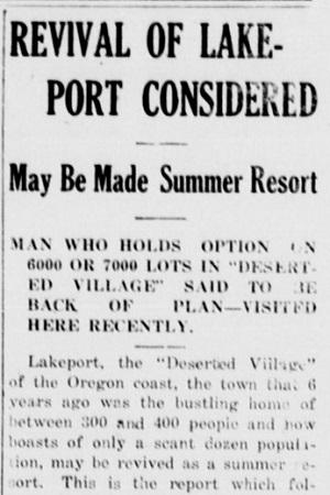 Image of old newspaper clipping with headline Revival of Lakeport Considered, May Be Summer Resort