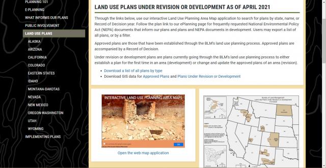 a screenshot of the BLM Planning & NEPA webpage link to the app