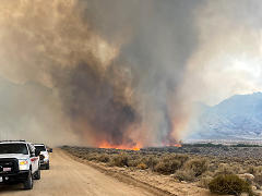 A fire burns high desert brush. Mountains in the background. Photo by Alison Hesterly/CalFire.