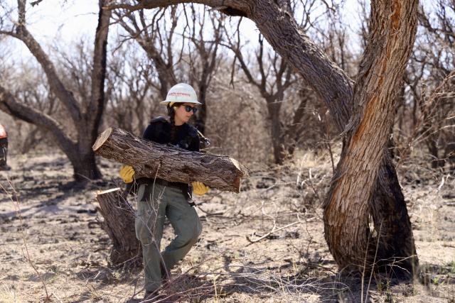a firefighter carries a large log