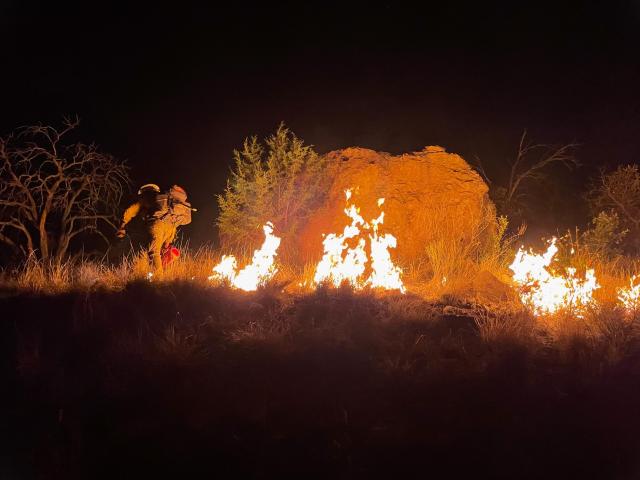 A firefighter is silhouetted by flames at night