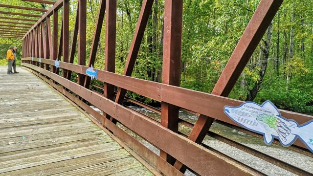 pop-up salmon exhibit mounted to a bridge on Campbell Tract