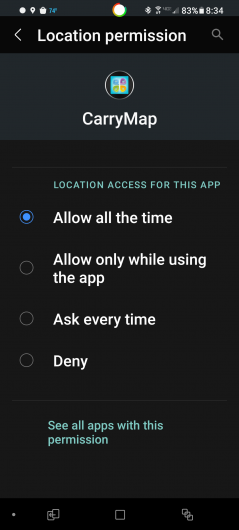 A screen shot of CarryMap permissions for the Android 11.
