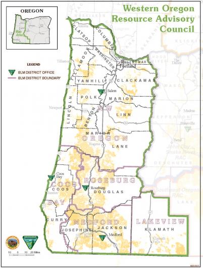 map showing districts in oregon encompassing the western oregon advisory council