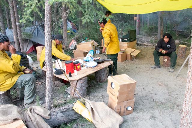 Firefighters eating lunch