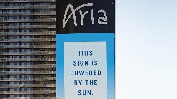 Sign at Aria – one of 13 MGM Resort’s properties in Las Vegas – promoting the MGM Mega Solar Array.