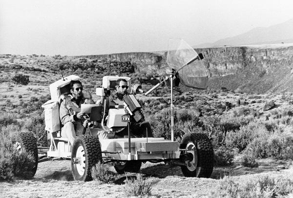 Dave Scott (right) and Jim Irwin (left) driving the Geologic Rover (aka Grover) along the rim of the Río Grande Gorge near Taos, New Mexico, their training March 11–12, 1971. At this location, the Gorge is about the same width as Hadley Rille, where Apollo 15 landed. During this training exercise, Dave and Jim conducted a geologic investigation similar to the one they later did at Hadley Rille.