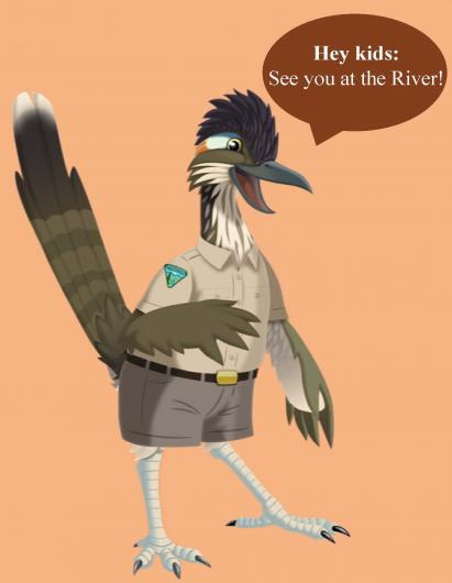 Graphic of a roadrunner wearing a shirt with a BLM logo saying hey kids see you at the river.