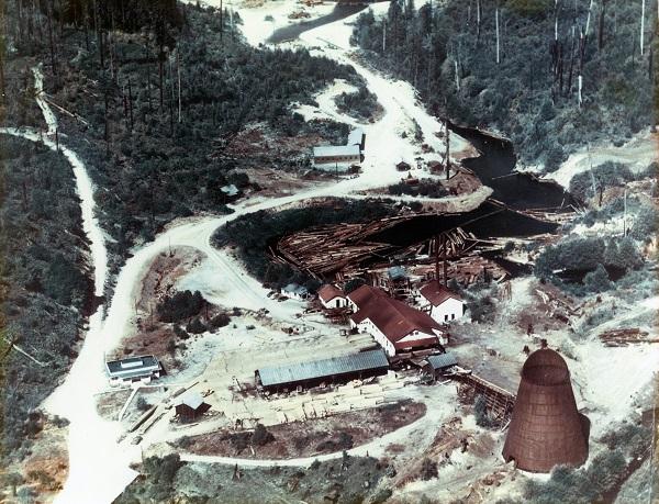 An aerial photograph of the Hult Lumber Mill and the storage pond filled with logs