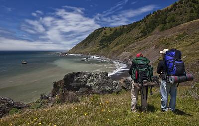 Hikers on a remote coastal trail next to the ocean.