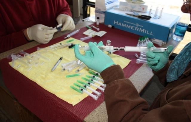 Needles and syringes on a table. 