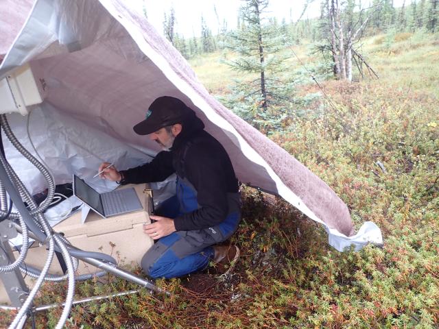 Man using computer under a tarp