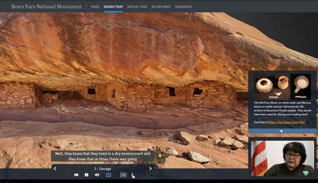 A virtual tour of Bears Ears National Monument with a digital rendering of a archeological structure with text, a recording, and a BLM employee providing background information.