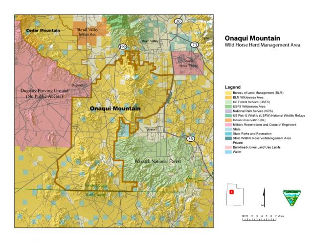 Onaqui Mountain Herd Management Area with federal, state and privately owned land on a map with Onaqui Mountain and Cedar Mountains identified along with water. 