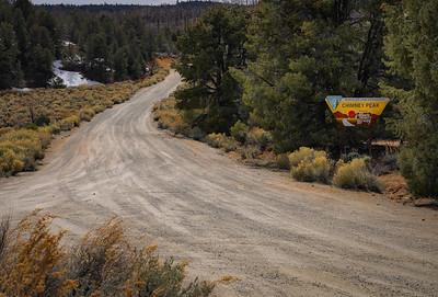 A dirt road winds along a forest ridge.