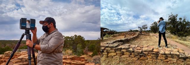 Side by Side photos of two individuals using equipment to document sites in Bears Ears National Monument. One has a camera and the other has a tripod with a unique digital recording device. They are standing next to historic structures.