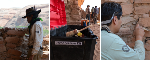 Ancestral Lands Conservation Corps crew members at River House and a preservation kit with people in the background. 