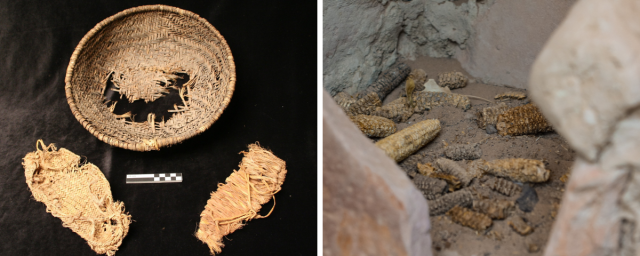 Twill weave basket and sandals excavated from River House along the San Juan River near Bluff, Utah. These items were recovered during stabilization work at the site, and likely date to the late Pueblo period (AD 900 to 1300). Corn cobs near rocks. 