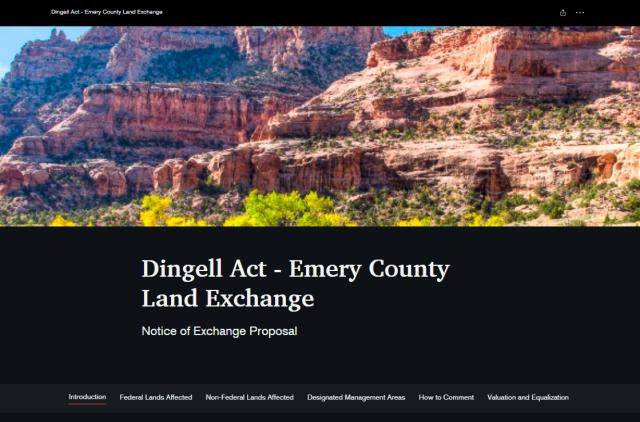 Dingell Act - Emery County Land Exchange Story Map cover page. 
