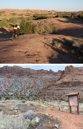 Person mountain biking at Slickrock Trail. Pipe Dream and Hidden Valley Trailhead sign with mountains in the background.  