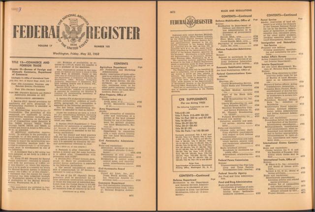 The Table of Contents for the Federal Register, May 23 1952