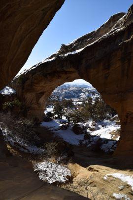 Moonshine arch with trees and the rock formation covered in snow.