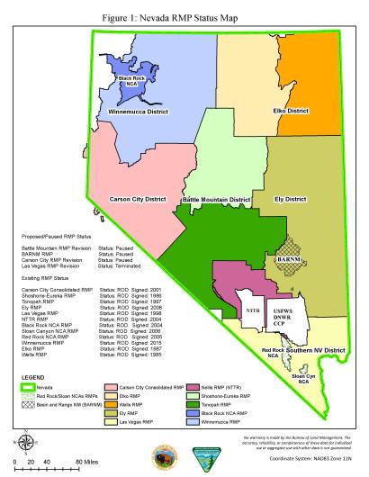 Map of Nevada Resource Management Plan Boundaries and statuses
