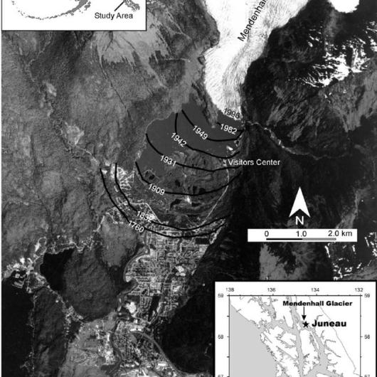 A satellite photo shows the retreat of Mendenhall Glacier (NASA)