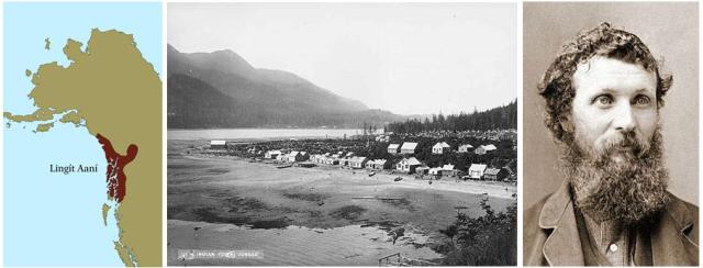 A map of Tlingit lands, a late 19th c. photo of Juneau, Alaska and a portrait of John Muir