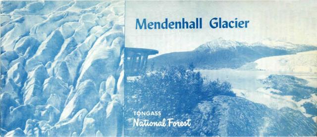 The cover page of the original visitor brochure shows the Mendenhall Glacier visitor center