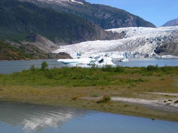 The foot of the Mendenhall Glacier at Mendenhall Lake in summer