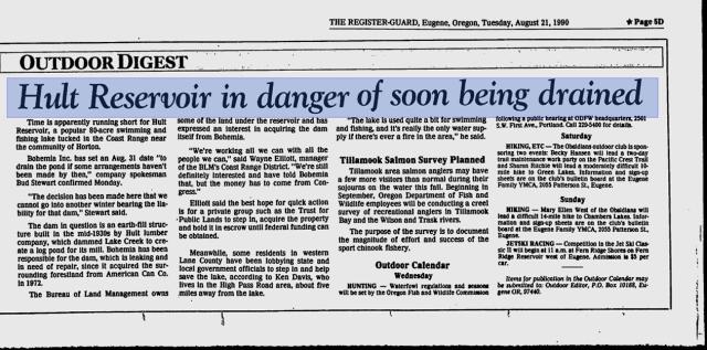 august 21 1990 newspaper clipping regarding Hult Dam from the Eugene Register Guard