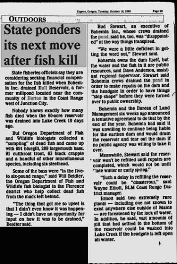 october 16 1990 newspaper clipping regarding Hult Dam from the Eugene Register Guard