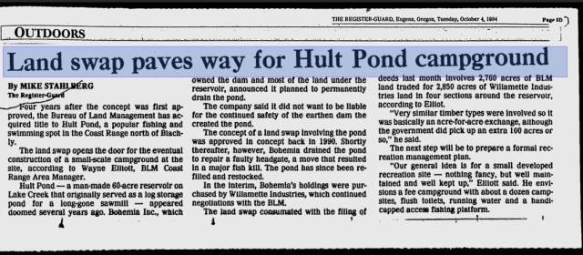 1994 newspaper clipping regarding Hult Dam from the Eugene Register Guard