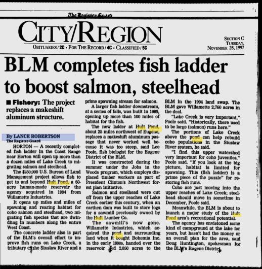 1997 newspaper clipping regarding Hult Dam from the Eugene Register Guard